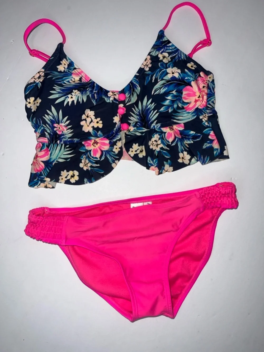 Arizona Jean Navy Floral Top with Hot Pink Bottoms Girls Swim Set size small